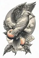 dove carring peaches in the sky filled with clouds with sun tattoo design idea