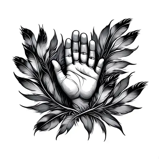 baby hand print surrounded by duck feathers tattoo design idea