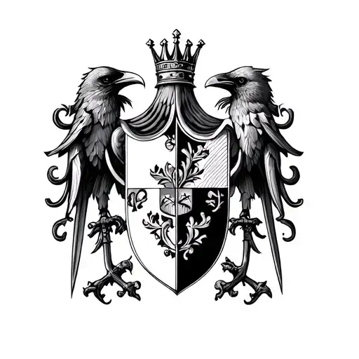 coat of arms shield split into four parts, and each part should have either a crow, crown, dagger, or roman numberal tattoo design idea