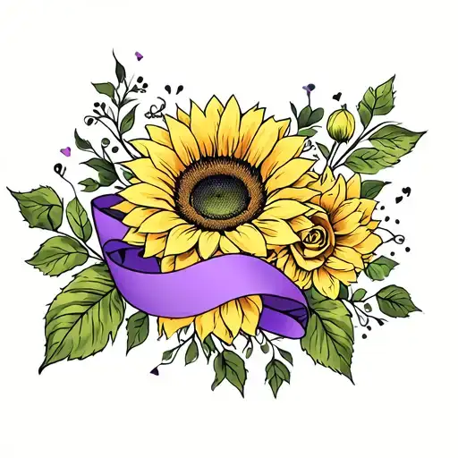 sunflowers, roses, purple ribbon tattoo design idea