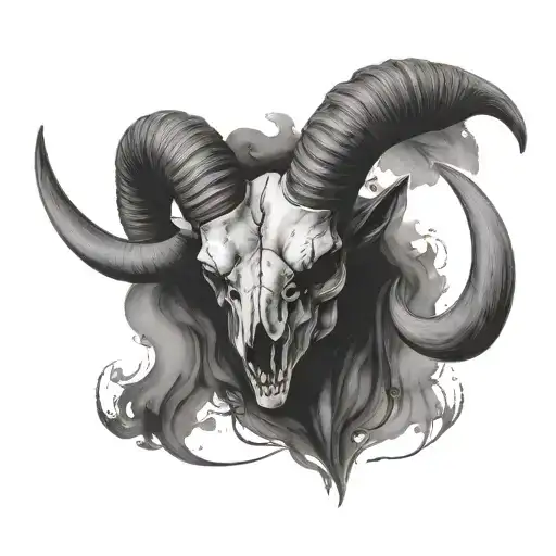 ram skull on chest with long horns that go onto neck tattoo design idea