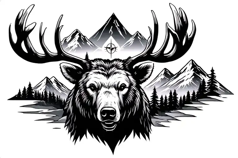 Compass, Elk, Mountains, Bear head tattoo design idea