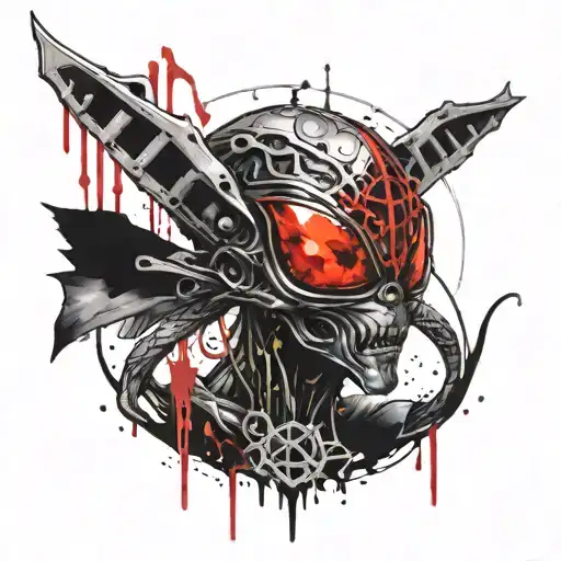 alien w red diamond eyes holding celtic sword tattoo design idea