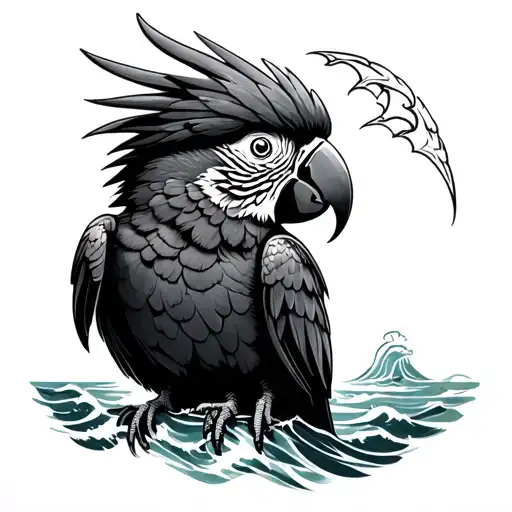 Pirate parrot on the headlight and sea tattoo design idea