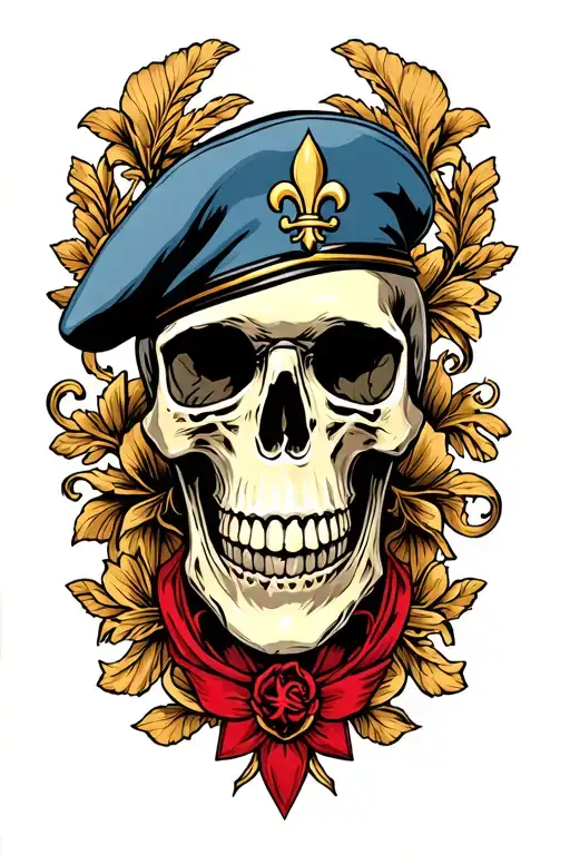 skull with French military beret and flaure de lys tattoo design idea