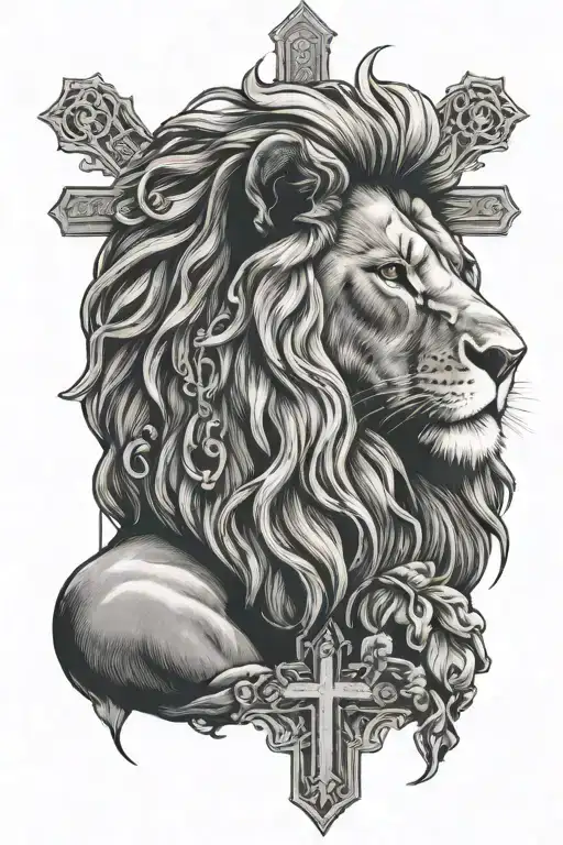 lion with cross and jesus praying hands holding tattoo design idea