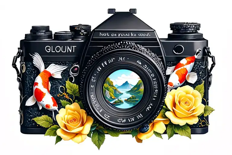 Vintage camera with yellow roses under it, two koi fishes over it and a valley inside the lens tattoo design idea