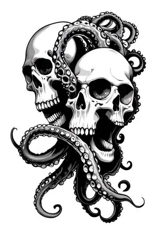 2 skulls with octopus tentacles coming out of eyes and mouth tattoo design idea