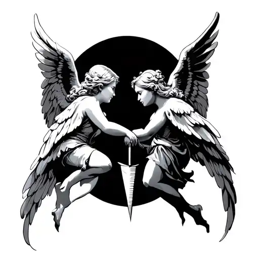 two love angels facing each other and one stabbing the other. concept is that love hurts tattoo design idea