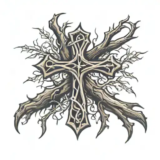 Wooden cross with thorns wapped around it on moutain range outline tattoo tattoo design idea