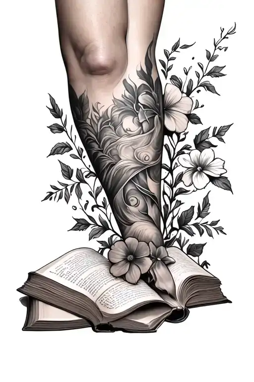 open and closed books wrapping around leg with flowers and vines tattoo design idea