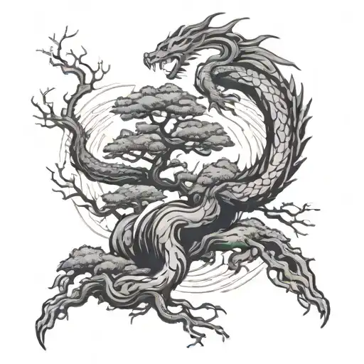 bonsai tree and dragon intertwined with lightning and bible verse  tattoo design idea