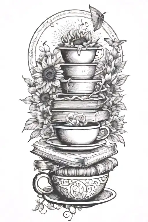 mountain with a waterfall of books that is steaming out of a cup of coffee and surrounded by sunflowers tattoo design idea