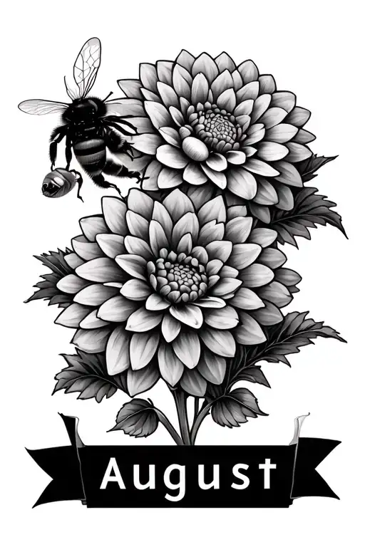 dahlia with bumble bee and the name august tattoo design idea