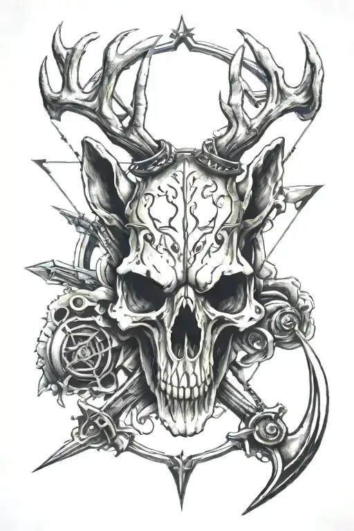 deer skull , bow and arrow , diesel mechanice tattoo design idea
