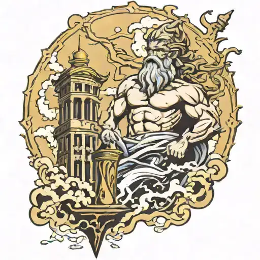 Zeus, lightning, tower of shigetoe tattoo design idea