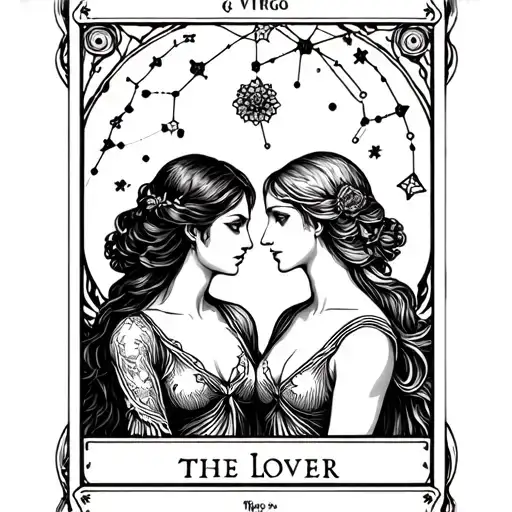 the lover tarot card with Gemini and Virgo constellation tattoo design idea