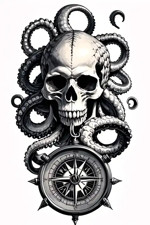 A detailed kraken wrapping its tentacles around a Skull Over a compass with anchor tattoo design idea