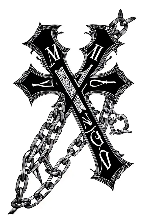 "MLMMCG" cross incorporated, chain intertwined,Roman numerals tattoo design idea