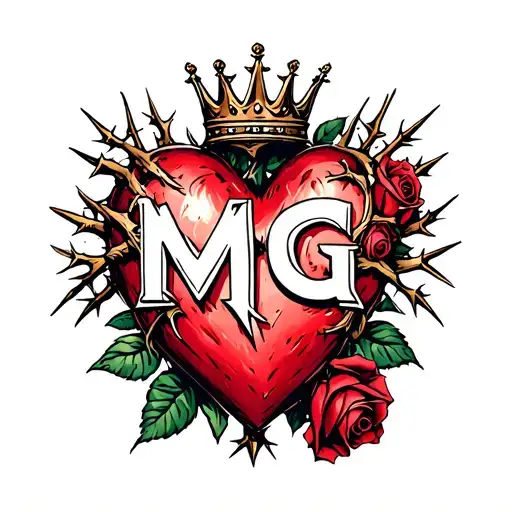 "M G" heart surrounded by thorns and roses with a crown adorned tattoo design idea