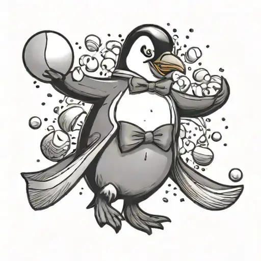 black and white cartoon tattoo of A penguin with a bowtie falling on a banana peel while juggling snowballs. tattoo design idea