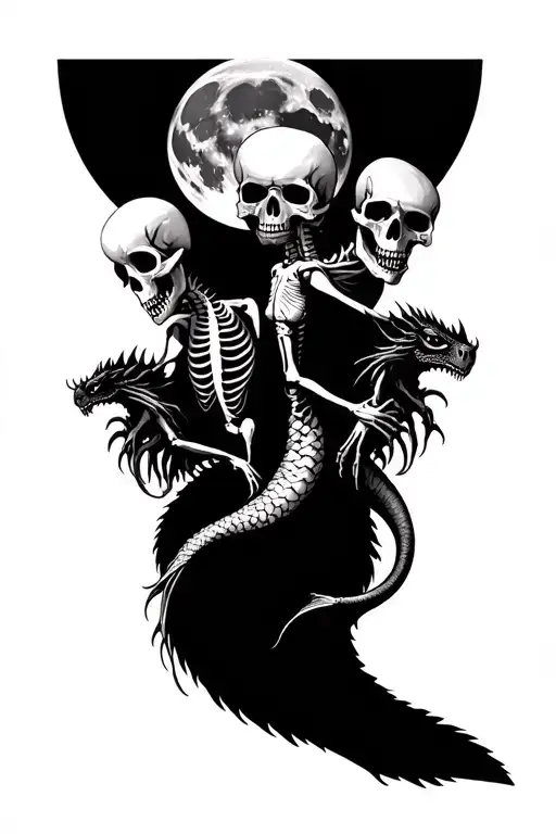 3 human skulls, a full mermaid skeleton, and a dragon skeleton below a fully eclipsed moon tattoo design idea