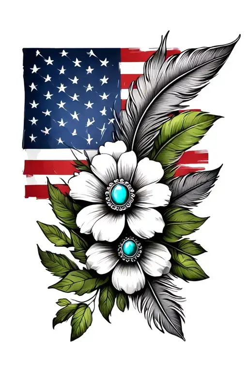 feathers, american flag, green leaves, one brooch turquoise jewelry, flowers, with 2 small dog prints tattoo design idea