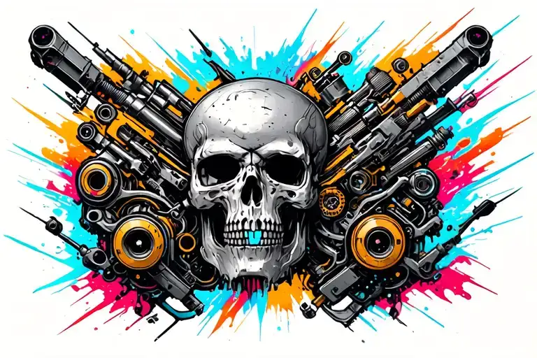 'Subtractive Solutions' mixed with multiple colors of mechanical things. tattoo design idea