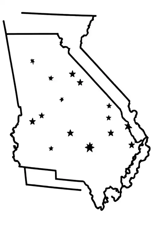 Outline of state of Georgia state map with small stars showing Atlanta, Snellville, and Athens tattoo design idea