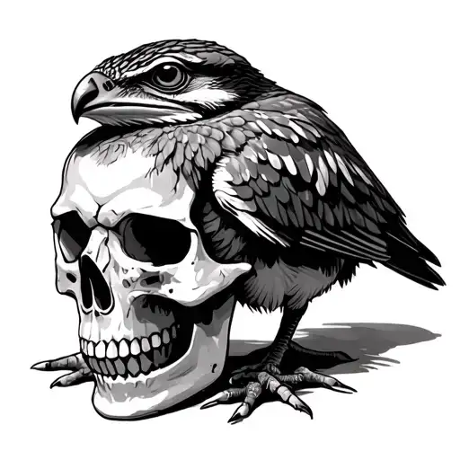 tawny frogmouth surrounded by native American skull tattoo design idea