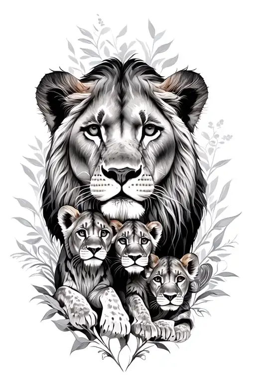 A tattoo design featuring a lioness with her cubs, representing the client's role as a protective mother tattoo design idea