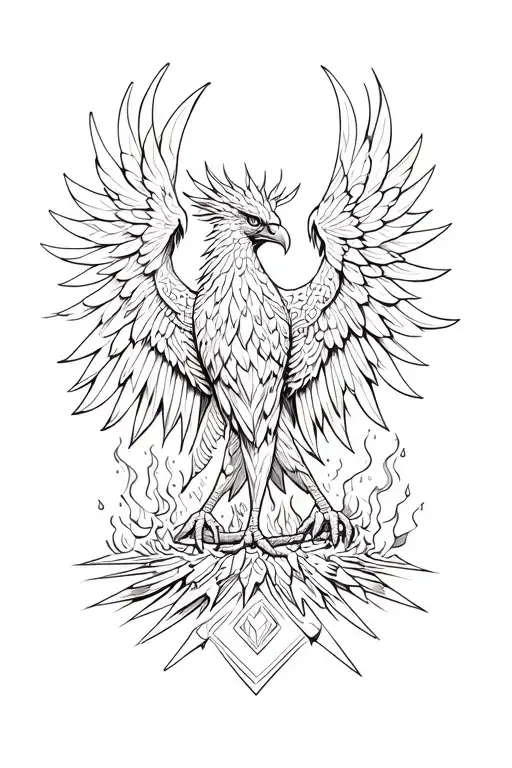 Aztec phoenix rising from ashes symbolizing rebirth tattoo design idea