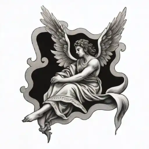 falling female angel holding an open scroll letter with quilpen tattoo design idea