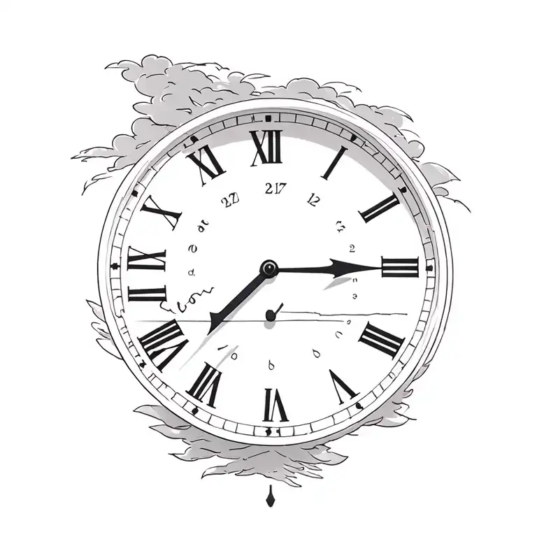 clock with Roman numerals pointing at the time 7:27 and 12 sec with a storm type design in the background  tattoo design idea