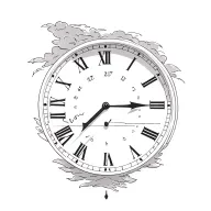 clock with Roman numerals pointing at the time 7:27 and 12 sec with a storm type design in the background  tattoo design idea