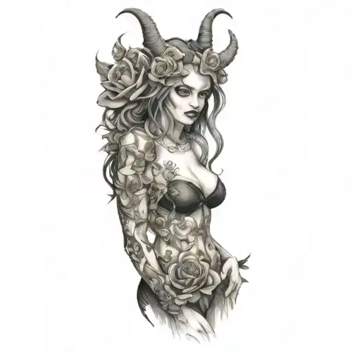 many succubus girls fight with demons and roses and ornaments gothic tattoo design idea
