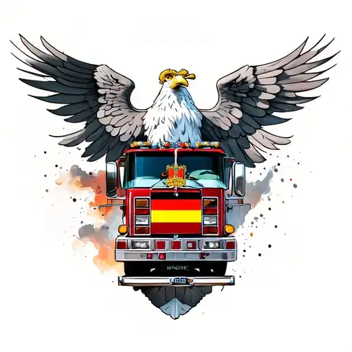 Fire engine with federal eagle and Germany flag tattoo design idea