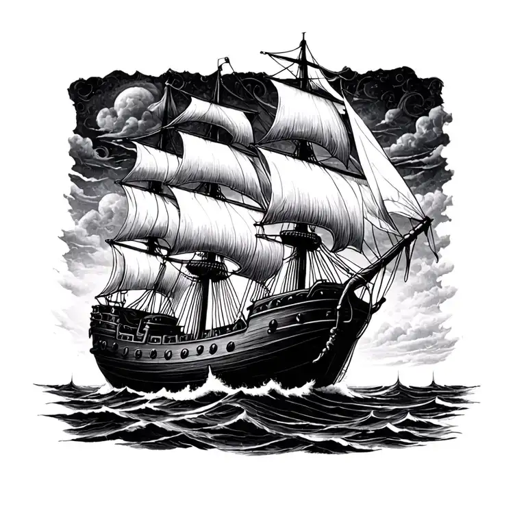 tiny black pearl ship sailing black and white drawing tattoo design idea