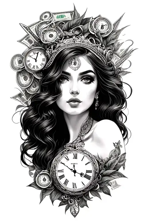 money women and time piece tattoo design idea