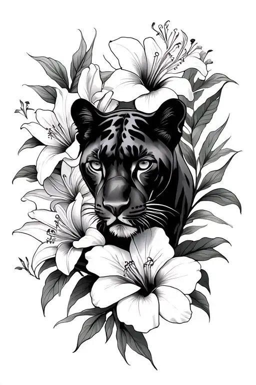 panther with stargazer lilies snd hibiscus flowers  tattoo design idea