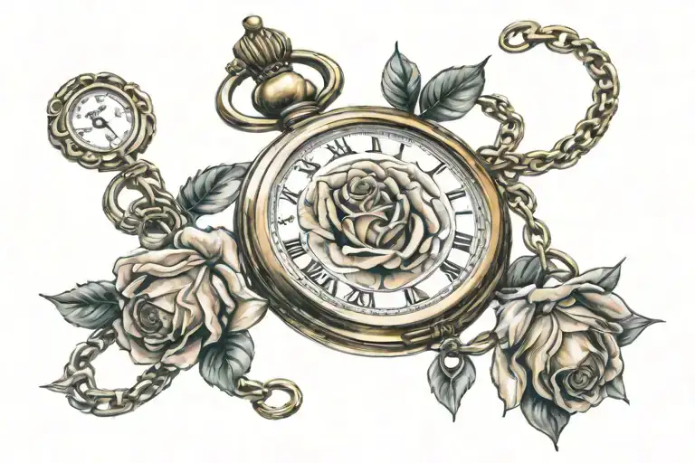 pocket watch and rose tattoo design idea