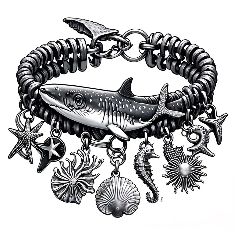 tattoo along spine- charm bracelet with charms that are whale sharks, manta ray, sunshine, seashell, starfish, seahorse, tattoo design idea