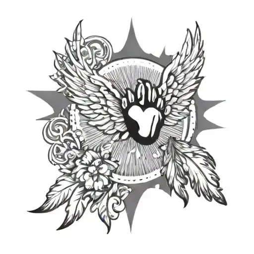 paw print with sun rays and angel wings tattoo design idea