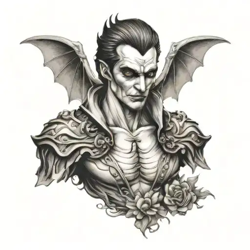 handsome vampire statue with wings tattoo design idea
