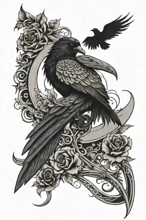 vine wrapping arm sleeve, with geometric shapes, the moon, a raven, and a scythe tattoo design idea