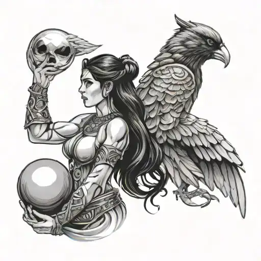 warrior peacemaker male with dark hair beside female warrior priestess with raven hair holding an orb of light that conn tattoo design idea