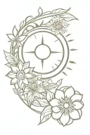 aztec sun and moon surrounded flowers tattoo design idea
