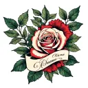 rose, leaves and name banner tattoo design idea