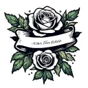 rose, leaves and name banner tattoo design idea