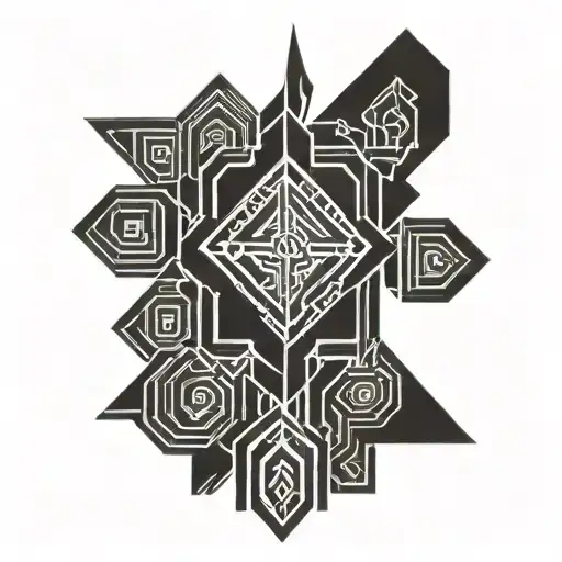 Design a dynamic black-ink tattoo that seamlessly covers the shoulder and flows down the forearm. The shoulder portion features a bold and angular design resembling stylized symbols and African Ndebele patterns that appears sharp and impactful. The forearm incorporates sleek, interconnected geometric lines and segmented bands that wrap naturally around the muscles, creating a modern, futuristic look. The design should have clean, bold linework with subtle shading to emphasize depth and curvature while maintaining a monochromatic, powerful, and edgy aesthetic suitable for a confident and athletic character tattoo design idea